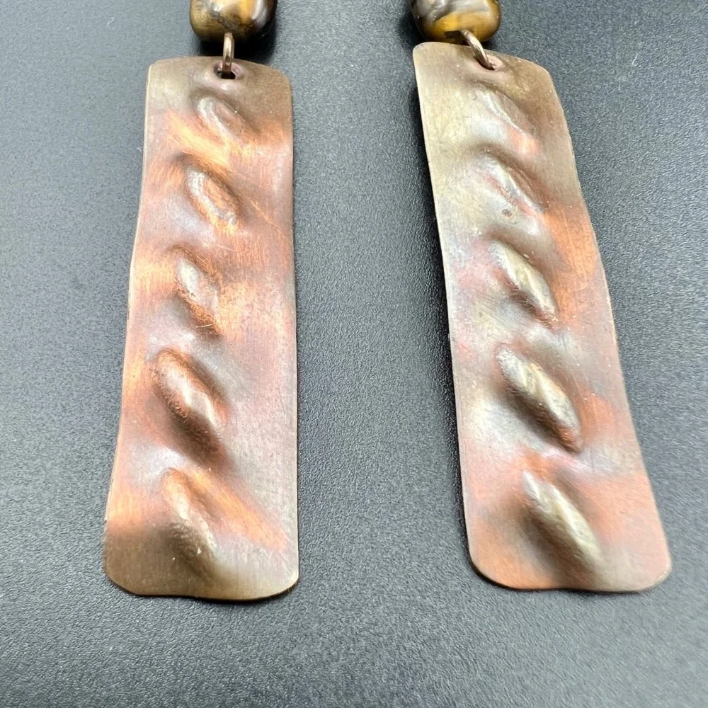 Handmade Copper Tigers Eye Dangle‎ Earrings Rectangle Hammered 3.25